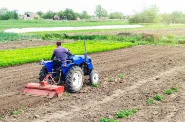 Farmer on a tractor with milling machine loosens, grinds and mixes soil. Loosening the surface, cultivating the land for further planting. Farming and agriculture. Cultivation technology equipment clipart
