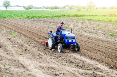 A farmer on a tractor cultivates a farm field. Soil milling, crumbling and mixing. Agroindustry, farming. Preparatory work for a new planting. Loosening surface, cultivating land for further planting clipart