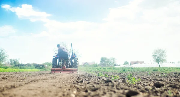 Agricoltore Trattore Con Fresatrice Allenta Macina Mescola Terreno Agricoltura Agricoltura — Foto Stock