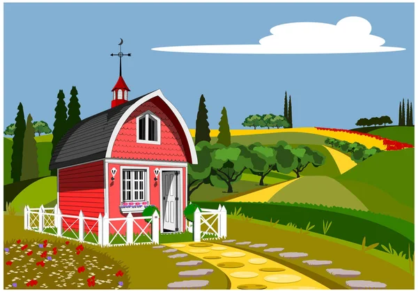 红色乡下房子在自然 — 图库矢量图片