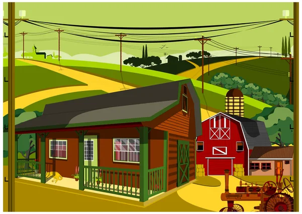 Granja Roja Con Gato Tractor — Vector de stock