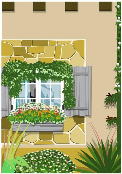 Fenster Des Hauses Mit Blumen — Stockvektor