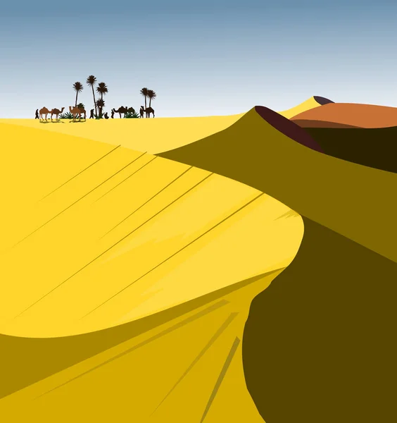 Camello Caravana Oasis Del Desierto — Vector de stock