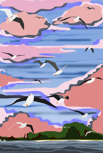 Gaviotas Volando Sobre Mar Cielo Azul Con Nubes Rosadas — Vector de stock