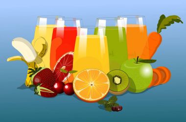 Conjunto de zumos de diferentes sabores y frutas