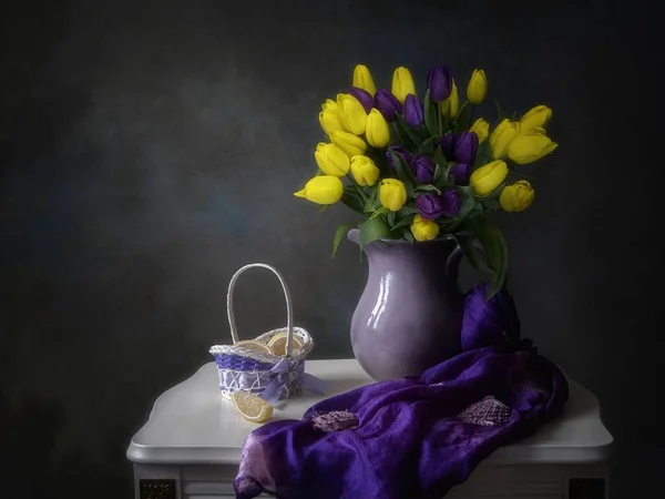Nature Morte Avec Bouquet Lumineux Tulipes — Photo