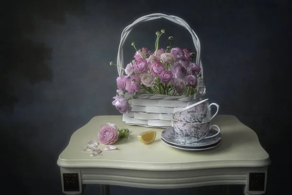 Still Life Tea Tableware Delicate Pink Flowers — Stock Photo, Image