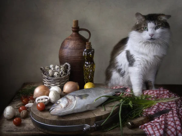 Натюрморт Рыбой Любопытной Кошкой — стоковое фото