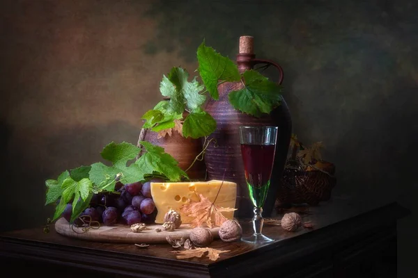 Nature Morte Avec Vin Fromage — Photo