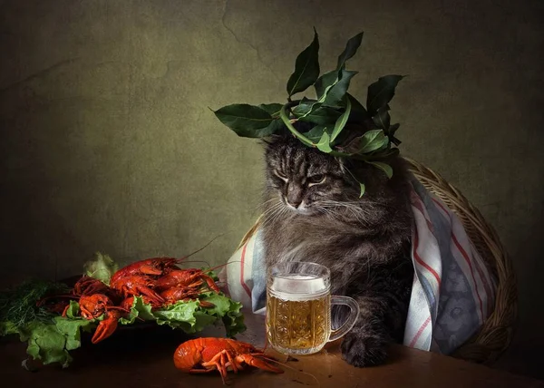 Beer with crayfish and funny cat in a laurel wreath