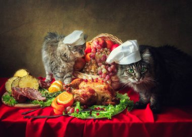 Still life with Thanksgiving table and curious cats clipart