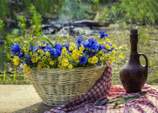 Natura Morta All Aperto Con Fiori Nel Cestino — Foto Stock