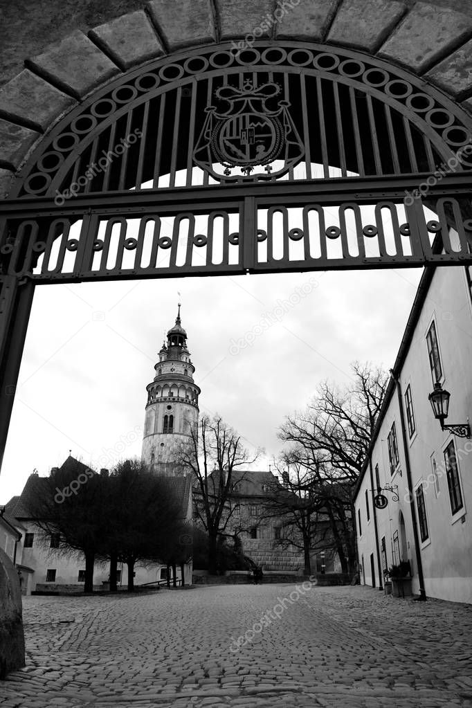 State Castle and Chateau Cesky Krumlov, castle tower, view of the old town center.