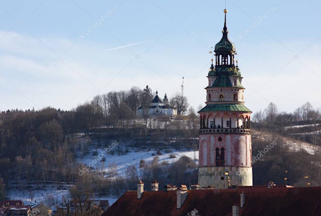 State Castle and Chateau Cesky Krumlov, castle tower, view of the old town center.