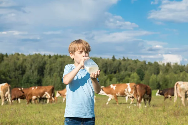 Caucasiano menino 8 anos bebe leite de uma grande garrafa de vidro . — Fotografia de Stock