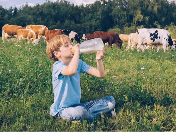 Caucasiano menino 8 anos bebe leite de uma grande garrafa de vidro . — Fotografia de Stock