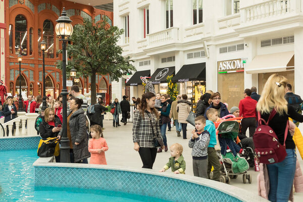 29.02.2020 Russia, Moscow. Europe 's largest Indoor Theme Park, Dream Island. Opening Day, inside view. Visitors walk along the promenade. Fountain zone.