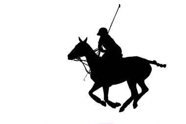 At polo oyuncusunun siyah silueti elinde tokmakla dört nala giden ata biniyor.