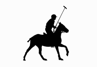 At polo oyuncusunun siyah silueti elinde tokmakla dört nala giden ata biniyor.