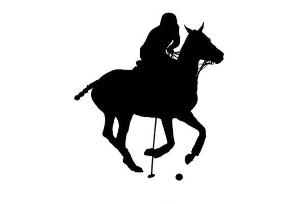 Silhueta Preta Jogador Pólo Cavalo Montando Cavalo Galopante Com Martelo — Fotografia de Stock