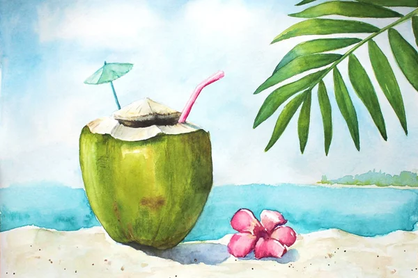 Aquarell Tropische Landschaft Mit Sand Meer Kokosnuss Und Palmblatt — Stockfoto