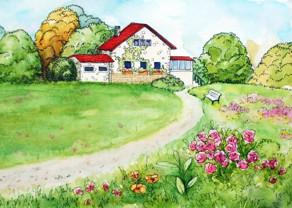 Aquarell Handgezeichnet Ländlich Schöne Sonnige Landschaft Mit Wiese Garten Bank — Stockfoto
