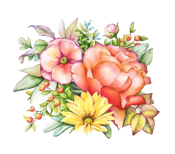 Illustration Aquarelle Bouquet Avec Pois Rose Fleurs Jaunes Orange Feuilles — Photo