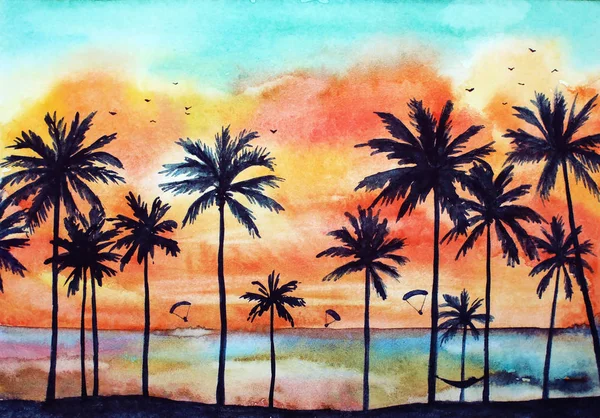 Aquarel Tropische Landschap Met Palmen Oceaan Oranje Wolken Bij Zonsondergang — Stockfoto