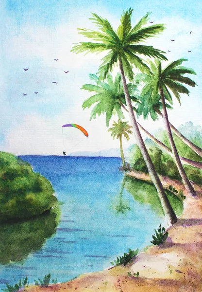 Watercolor tropical sunny landscape with ocean, palms, cloudy sky and kitesurfer for background.