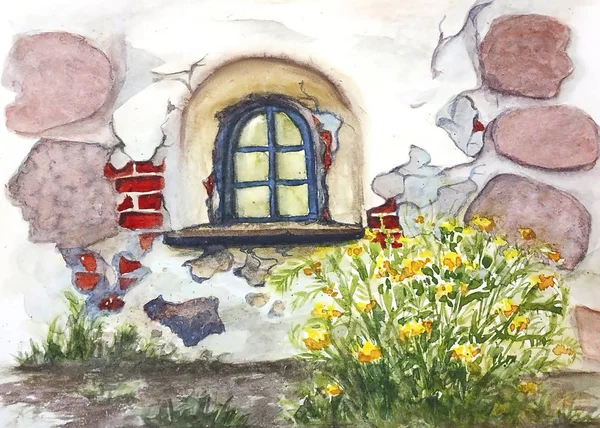 Watercolor drawing of old shabby house with window and bush of yellow flowers