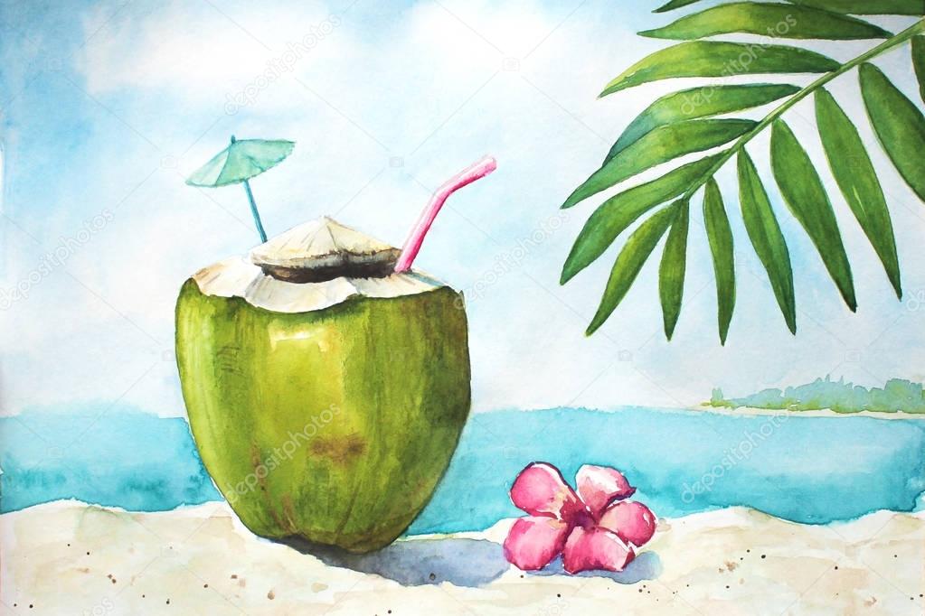Watercolor tropical landscape with sand, ocean, coconut and palm leaf
