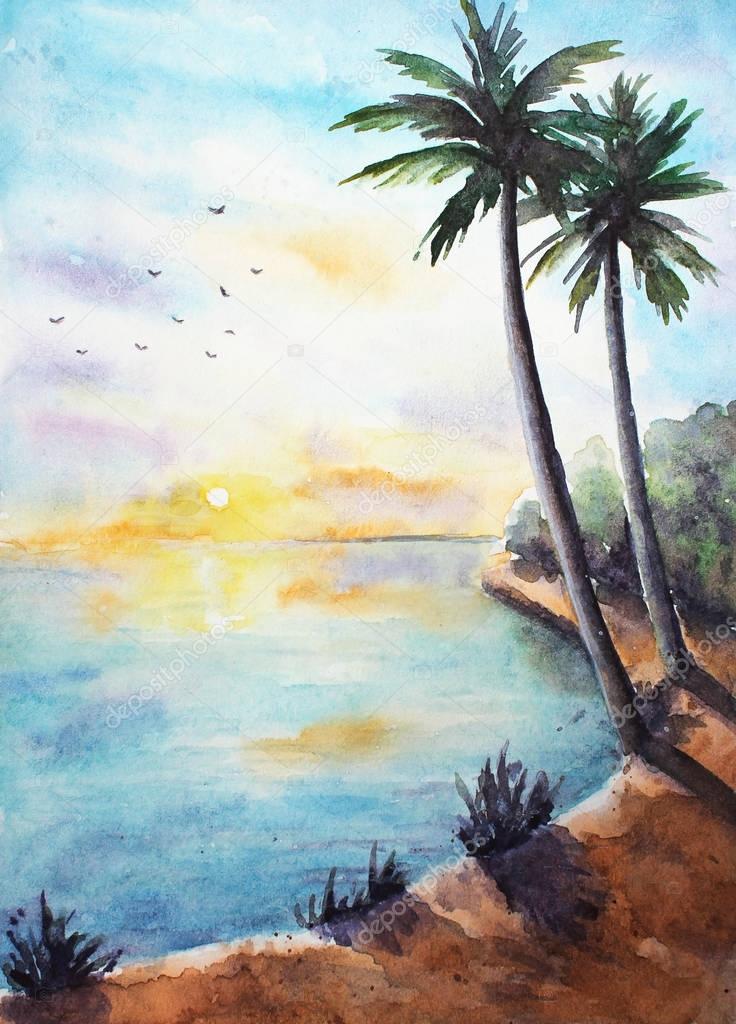 Watercolor tropical landscape with palms, ocean, clouds and birds at the sunset