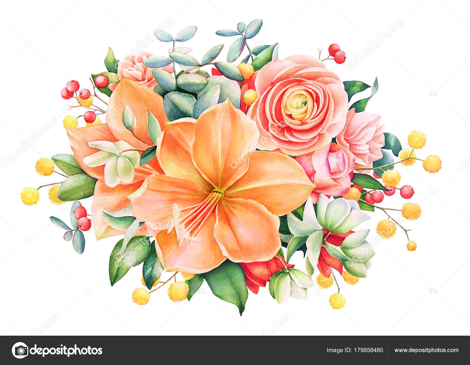 水彩の手描きの香りとオレンジとピンクの花 赤い実 白い背景で隔離の葉で美しい花柄のデザイン ストック写真 C Lyubovtolstova