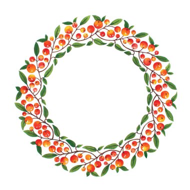 Suluboya el çekilmiş çelenk dalları ile kırmızı meyveler ve beyaz zemin üzerine yeşil yaprakları ile.