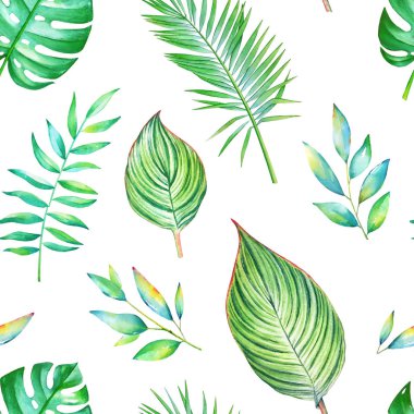 Yeşil tropikal ile Seamless suluboya modeli üzerinde izole beyaz arka plan bırakır.
