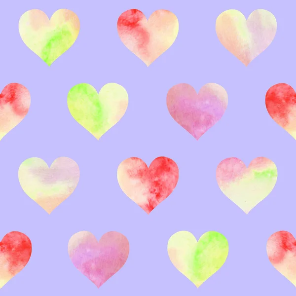 Акварель Ручной Работы Бесшовный Рисунок Многоцветных Сердец Сиреневом Фоне — стоковое фото