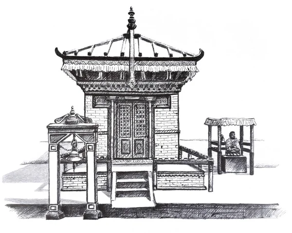 尼泊尔加德满都小佛教寺庙手绘插图 — 图库照片