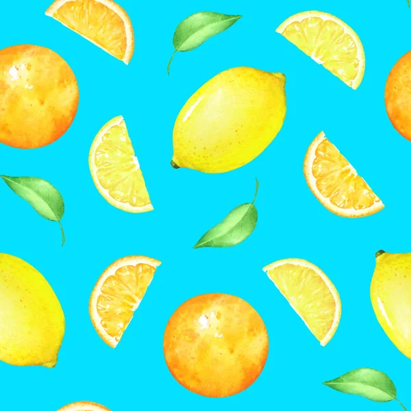 Seamless pattern with citrus fruits and green leaves on blue background. Useful for fabric, scrapbook design element, wrapping paper and cards.