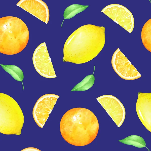 Nahtloses Muster Mit Zitrusfrüchten Und Grünen Blättern Auf Blauem Hintergrund — Stockfoto