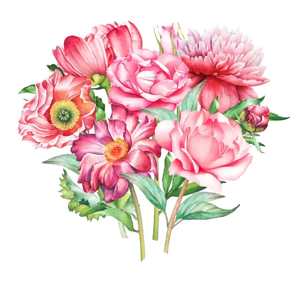 Bellissimo Bouquet Disegnato Mano Acquerello Con Fiori Rossi Rosa Isolati — Foto Stock