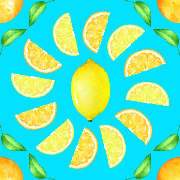 Seamless pattern with citrus fruits and green leaves on blue background. Useful for fabric, scrapbook design element, wrapping paper and cards