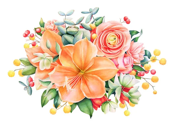 Beautiful Floral Design Watercolor Hand Drawn Bouquet Orange Pink Flowers — Stock Photo, Image