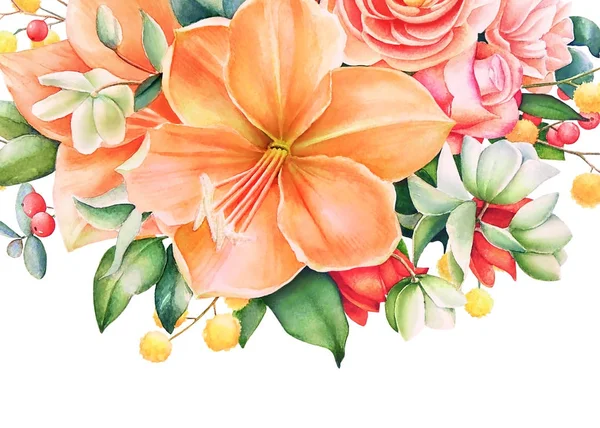 Vakkert Blomsterdesign Med Vannfarget Håndtrukket Bukett Med Oransje Rosa Blomster – stockfoto