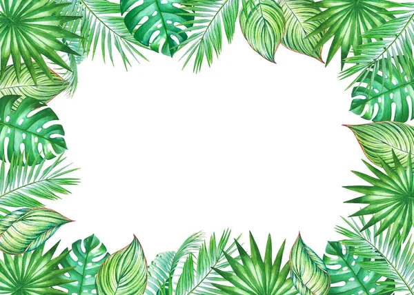 Watercolor frame with leaves of coconut palm tree isolated on white background. Illustration for design of wedding invitations, greeting cards with empty space for text.