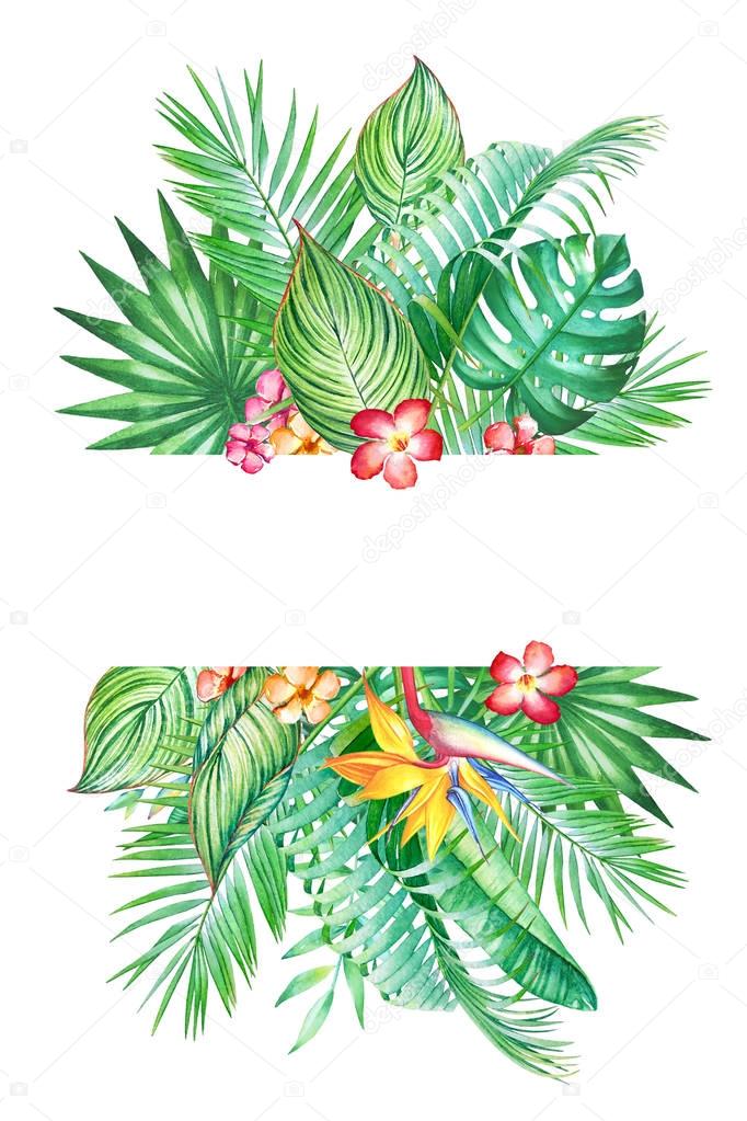 Watercolor frame with tropical leaves and flowers isolated on white background. Illustration for design of wedding invitations, greeting cards with space for text.