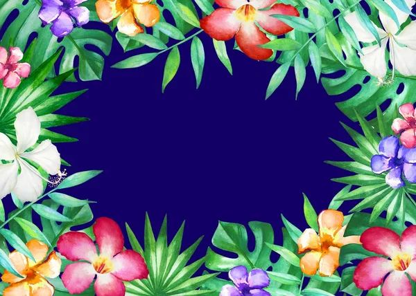 Watercolor Frame Tropical Leaves Flowers Isolated Blue Background Illustration Design — Stock Photo, Image