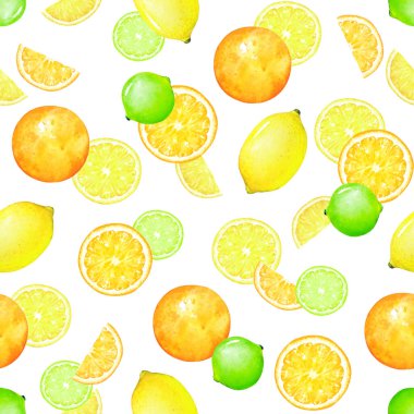 Sulu Boya Dikişsiz desen beyaz zemin üzerine limon, limon ve portakal meyve ile. 