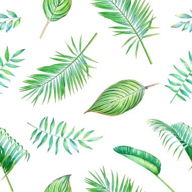 Yeşil tropikal ile Seamless suluboya modeli üzerinde izole beyaz arka plan bırakır.