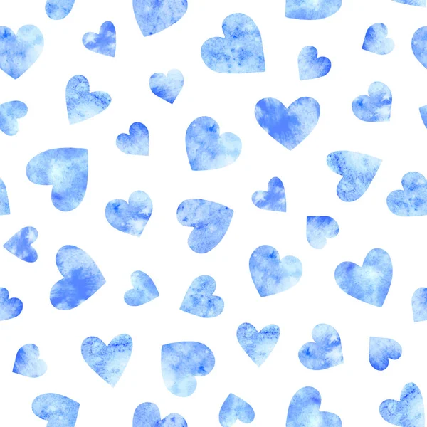 Patrón Sin Costuras Con Corazones Acuarela Azul Sobre Fondo Blanco —  Fotos de Stock