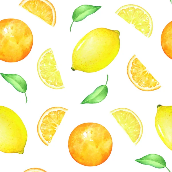 Aquarell Nahtloses Muster Mit Zitronen Und Orangenfrüchten Und Grünen Blättern — Stockfoto
